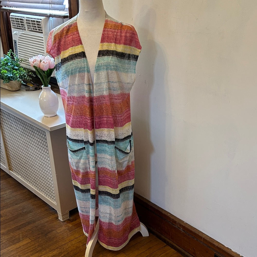 Tribals Striped Multicolor Open Front Maxi Cardigan Size L EUC - Picture 2 of 7